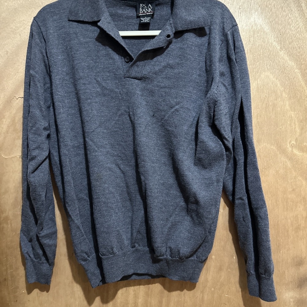 Jos A Bank Signature Collection Merino Wool Long Sleeve Polo  Gray Large FLAW